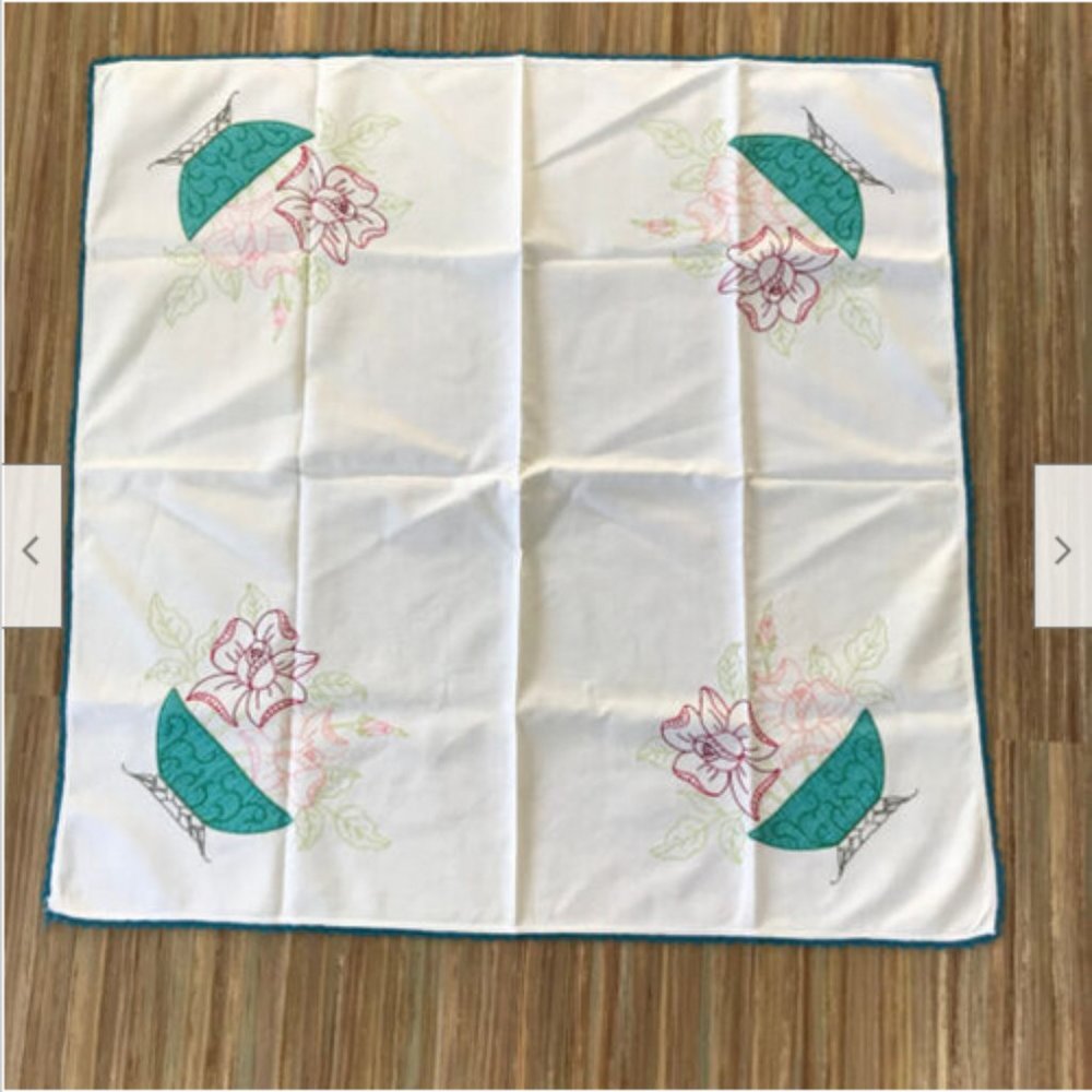 Vtg Hand Embroidered Flower Basket 35" White Tablecloth w/ Teal Crochet Edging